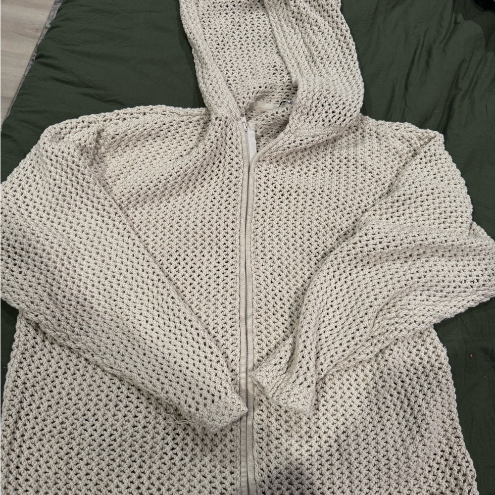 Aritzia Cream Crochet Zip-Up Hooded Cardigan